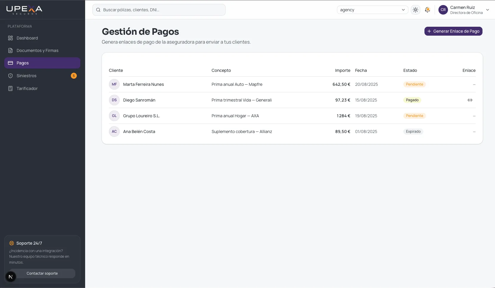 Gestión de recibos y enlaces de cobro en UPEXA